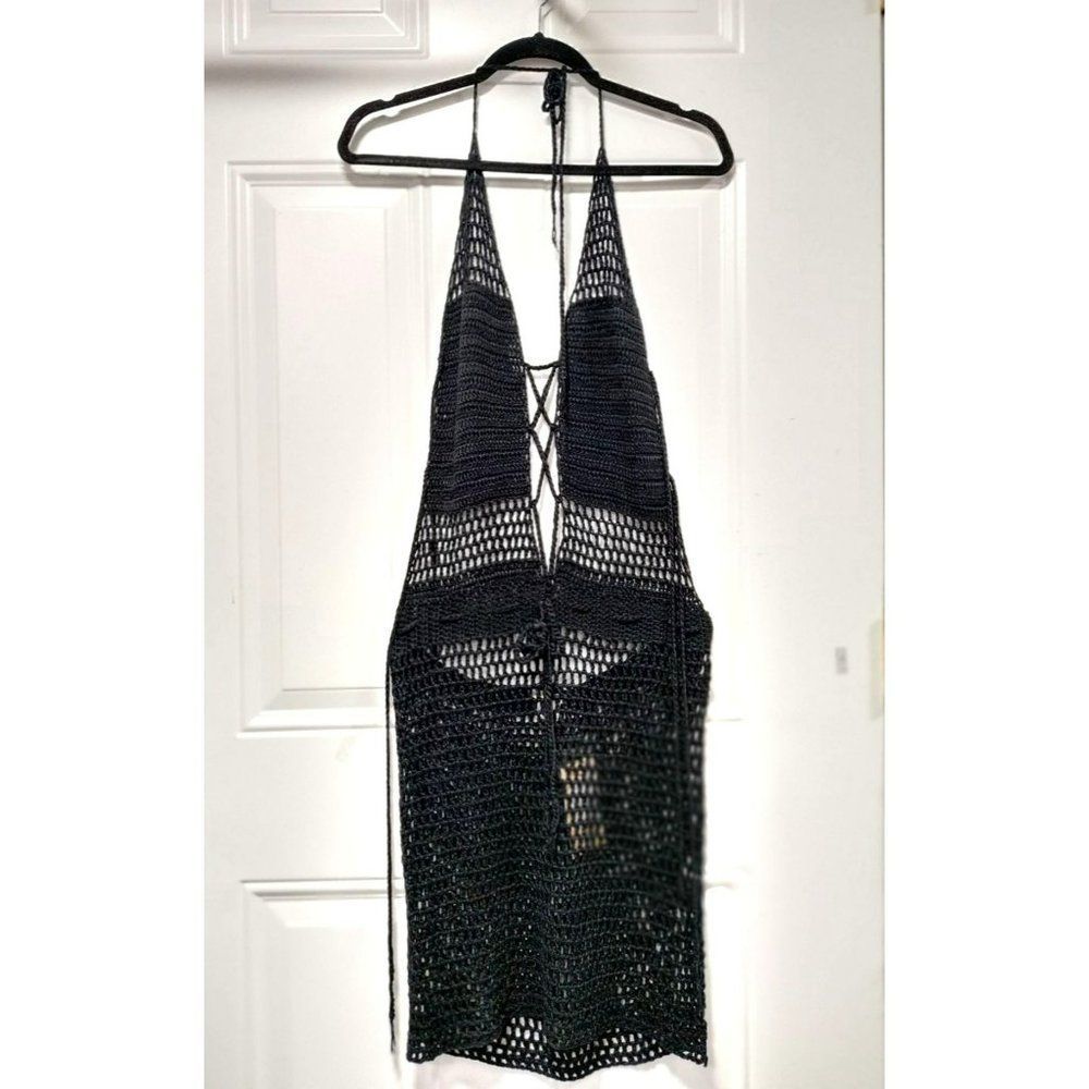 NWT Love Sense Women's Black Crochet Swim Beach Coverall Size Large
